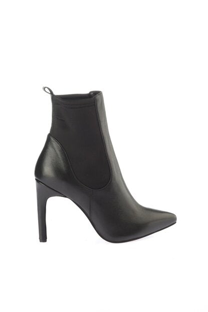 Women's Elastic Detail Black Leather Boots