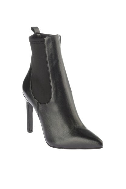 Women's Elastic Detail Black Leather Boots