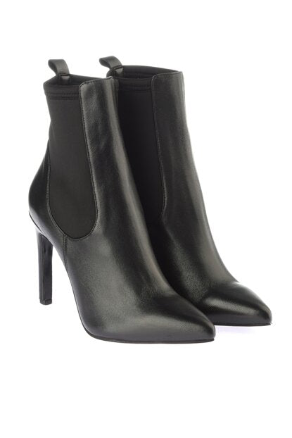 Women's Elastic Detail Black Leather Boots