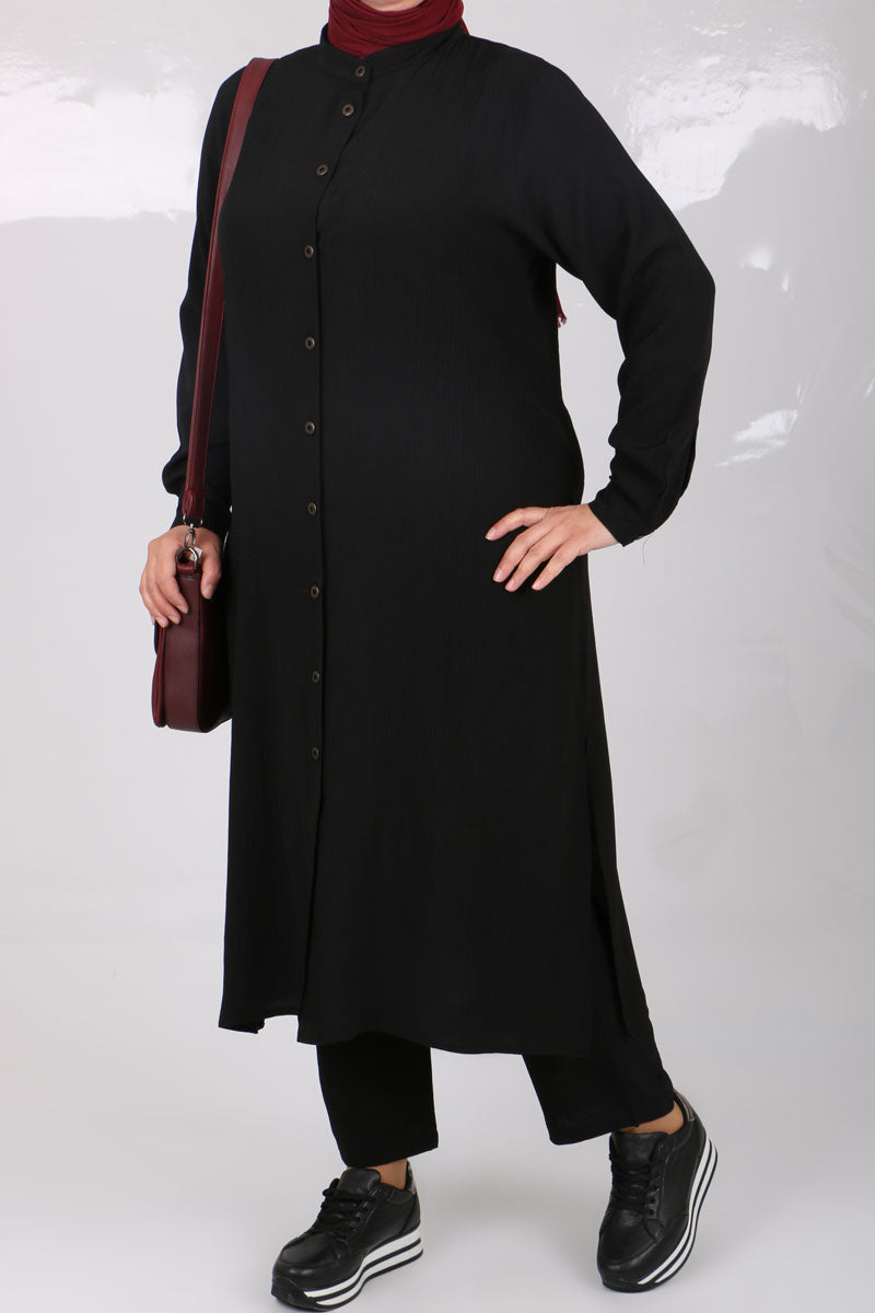 Women's Oversize Black Crimped Fabric Tunic & Pants Set