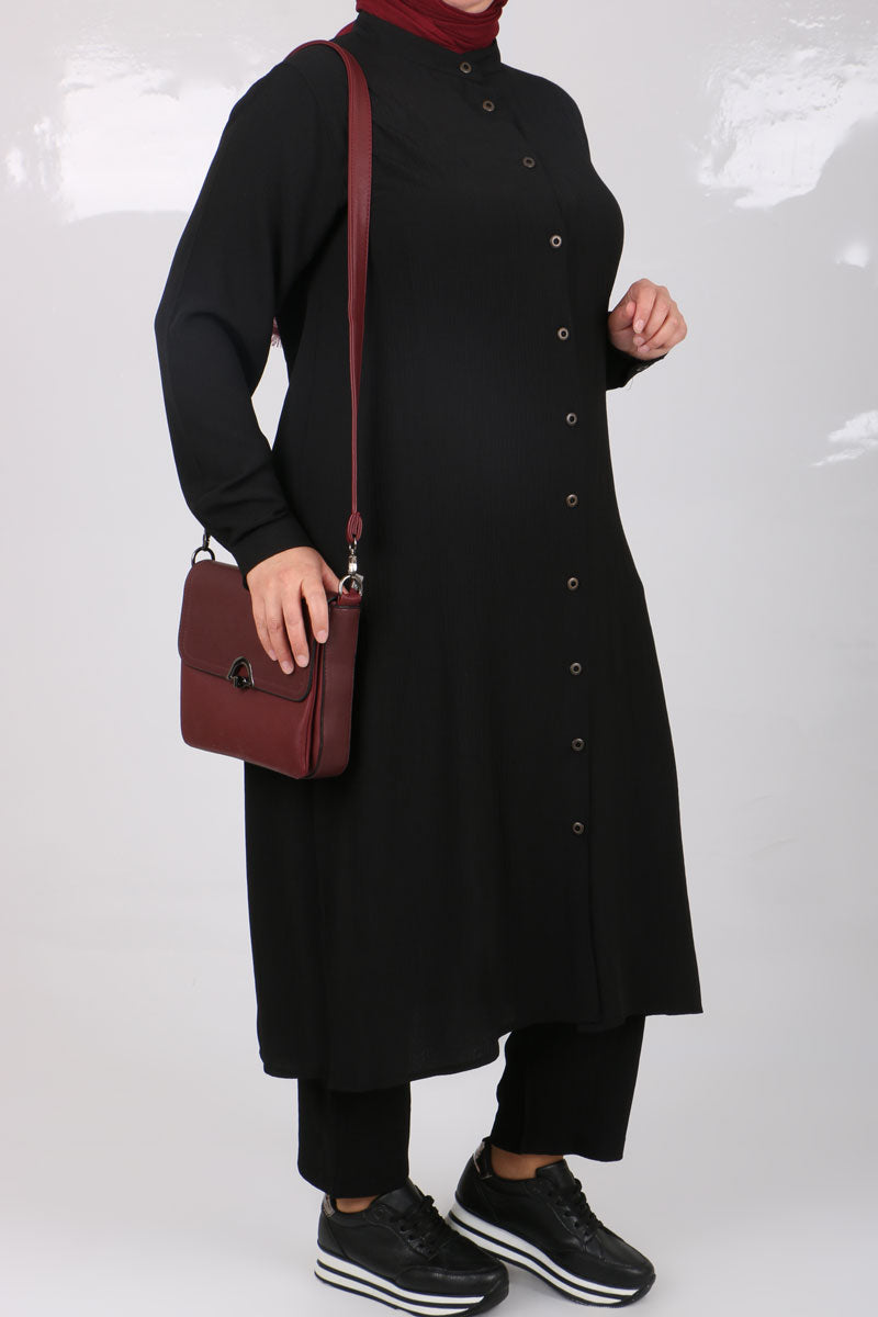 Women's Oversize Black Crimped Fabric Tunic & Pants Set