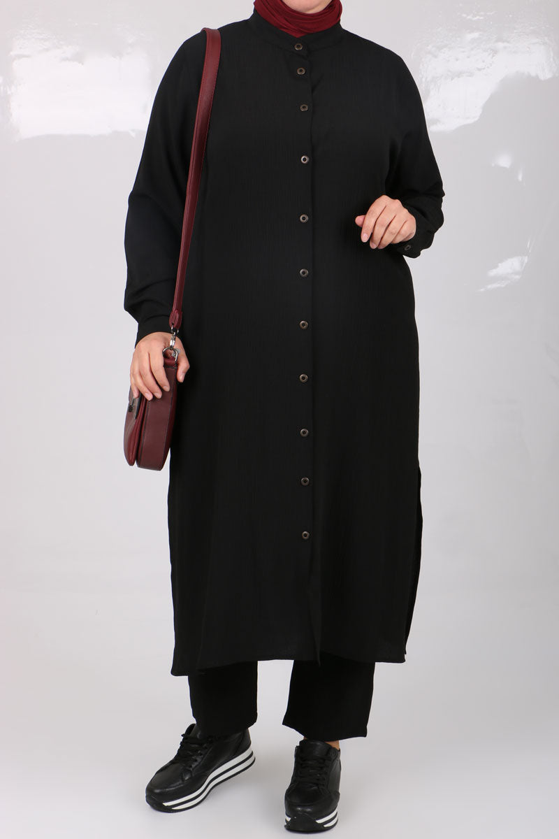 Women's Oversize Black Crimped Fabric Tunic & Pants Set