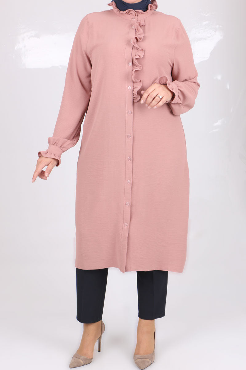 Women's Oversize Frill Long Dusty Rose Shirt