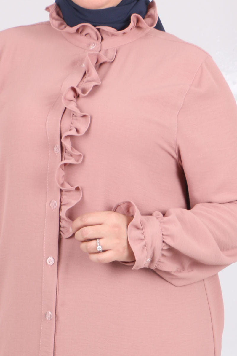 Women's Oversize Frill Long Dusty Rose Shirt