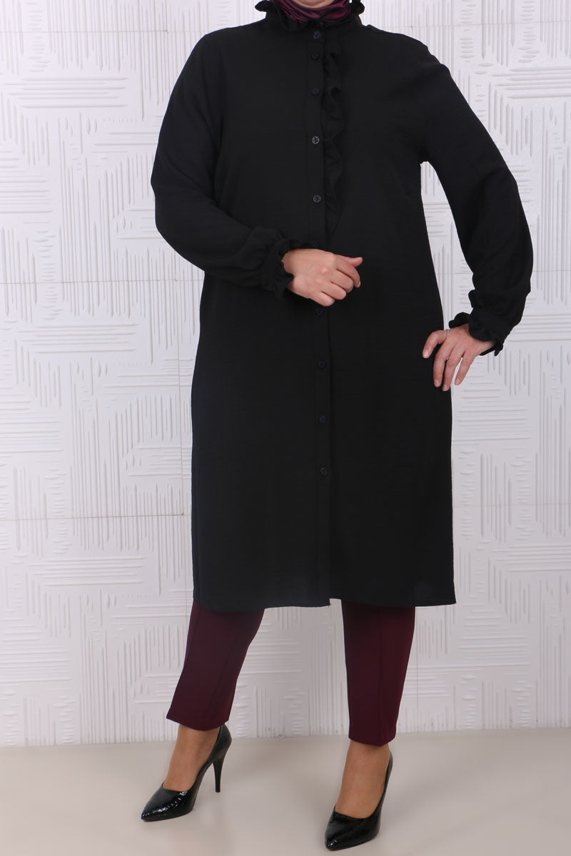 Women's Oversize Frill Long Black Shirt