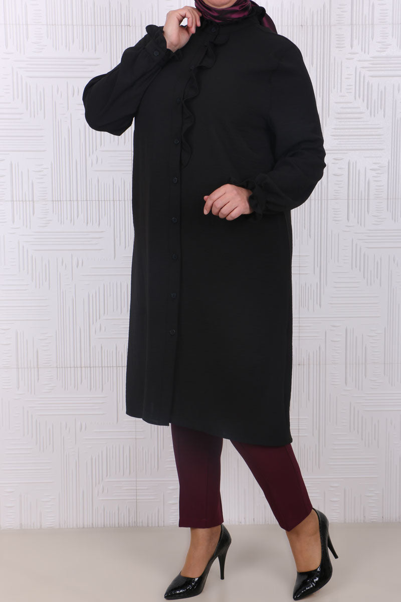 Women's Oversize Frill Long Black Shirt