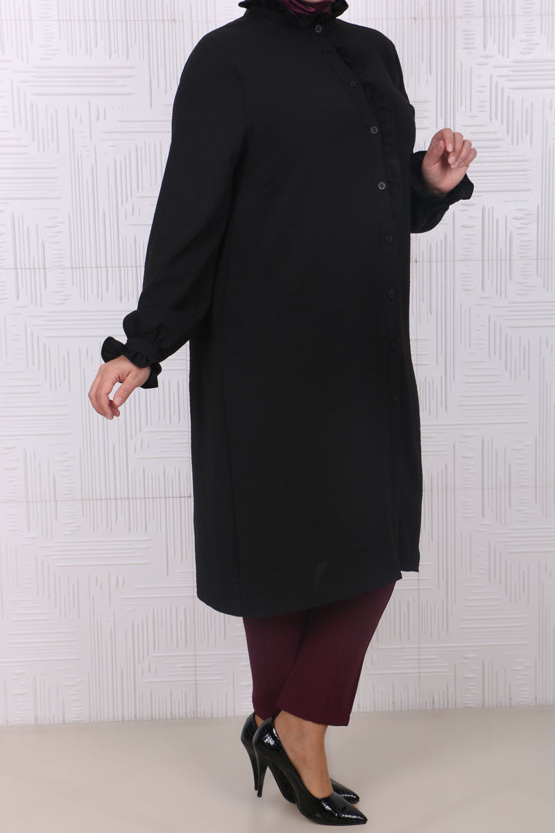 Women's Oversize Frill Long Black Shirt
