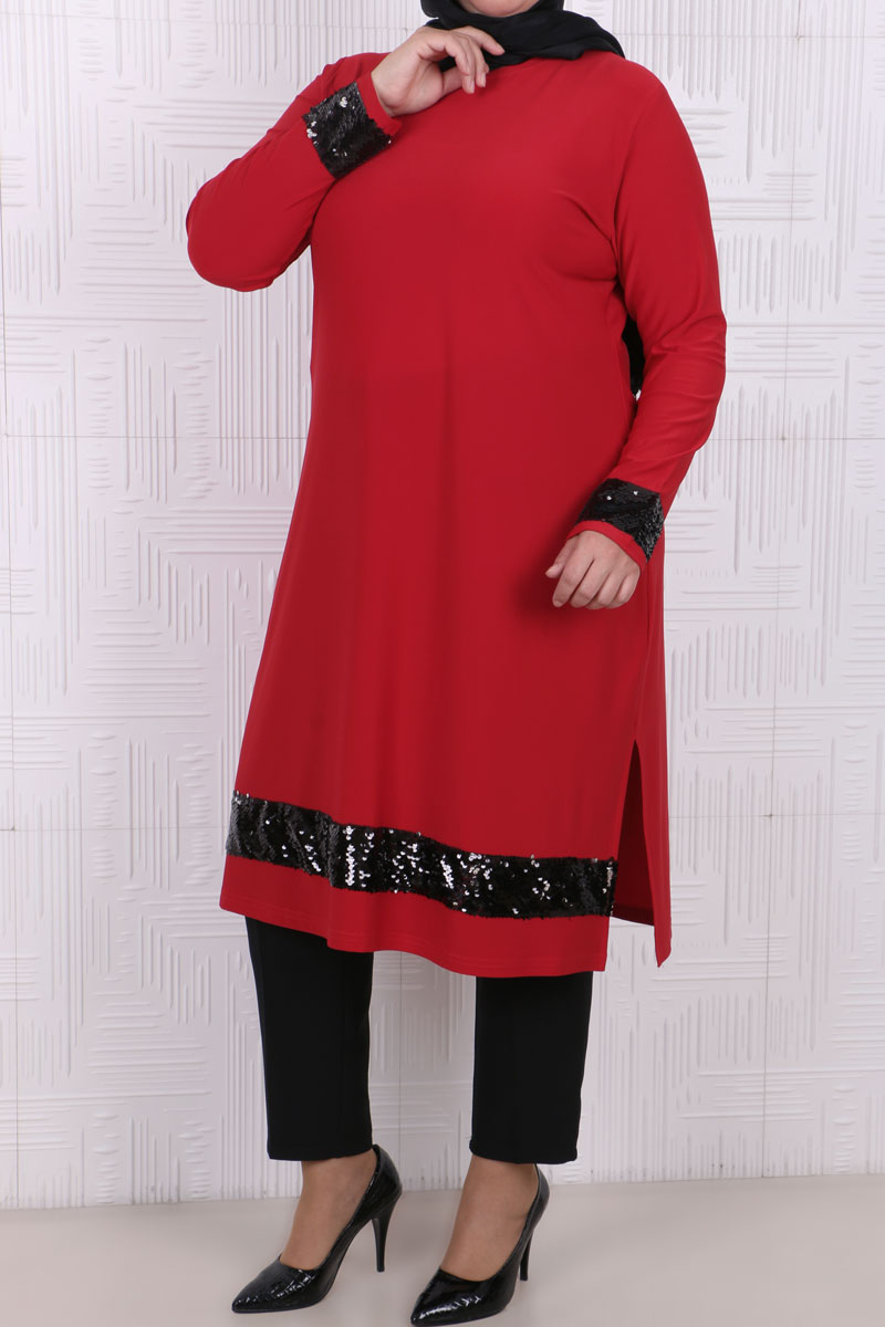 Women's Oversize Sequin Detail Red Tunic