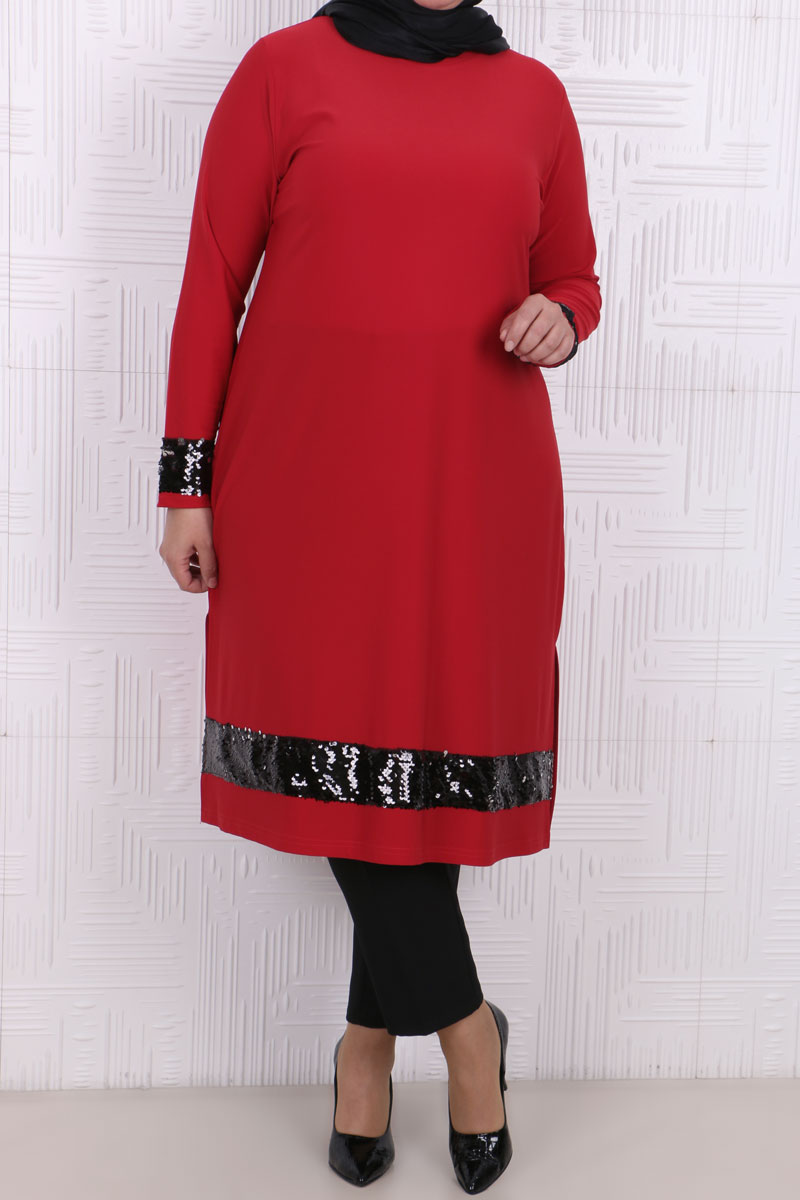 Women's Oversize Sequin Detail Red Tunic