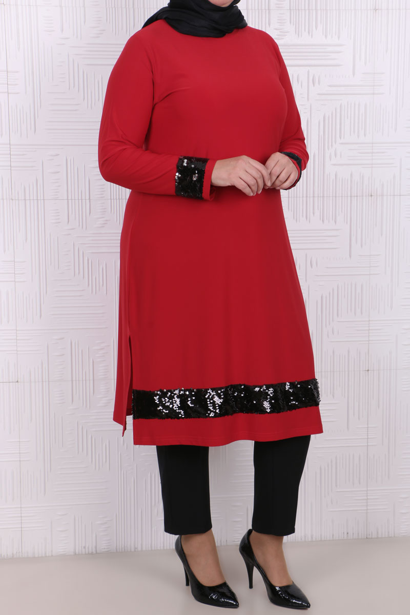 Women's Oversize Sequin Detail Red Tunic