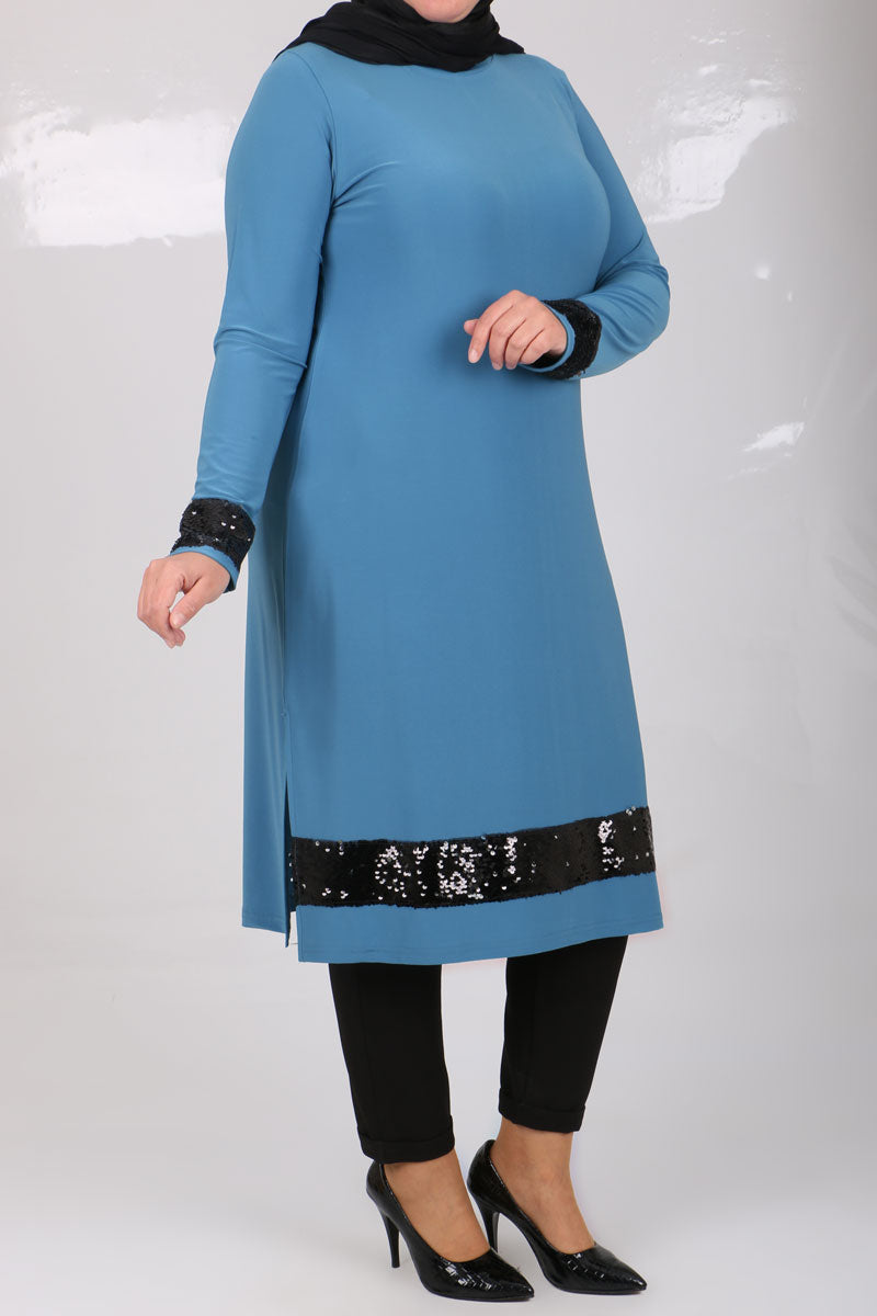 Women's Oversize Sequin Detail Blue Tunic