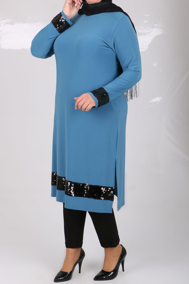 Women's Oversize Sequin Detail Blue Tunic