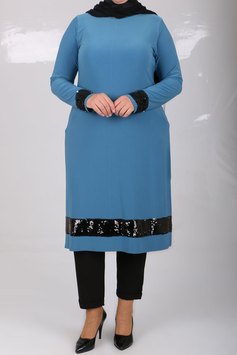 Women's Oversize Sequin Detail Blue Tunic