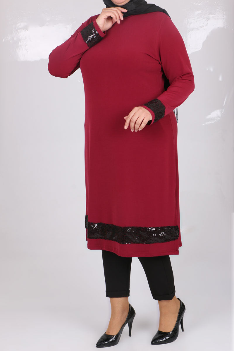 Women's Oversize Sequin Detail Maroon Tunic
