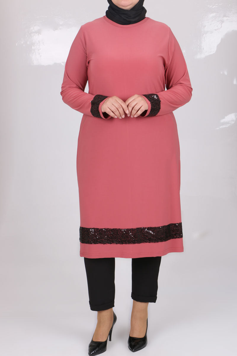 Women's Oversize Sequin Detail Dusty Rose Tunic