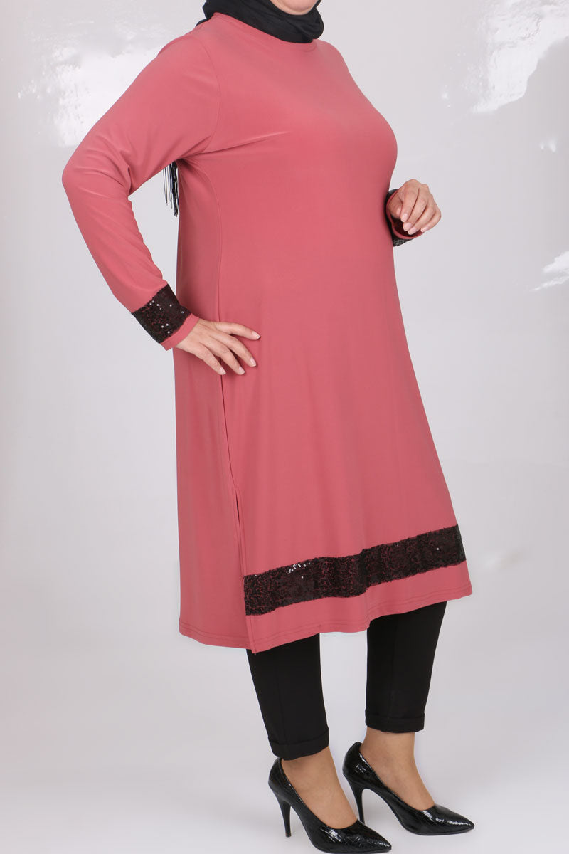 Women's Oversize Sequin Detail Dusty Rose Tunic