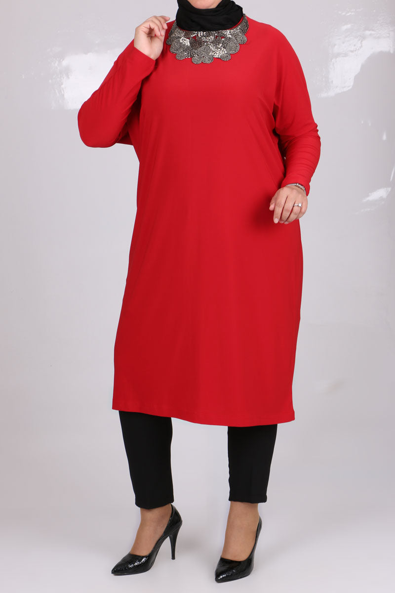 Women's Oversize Collar Detail Red Tunic