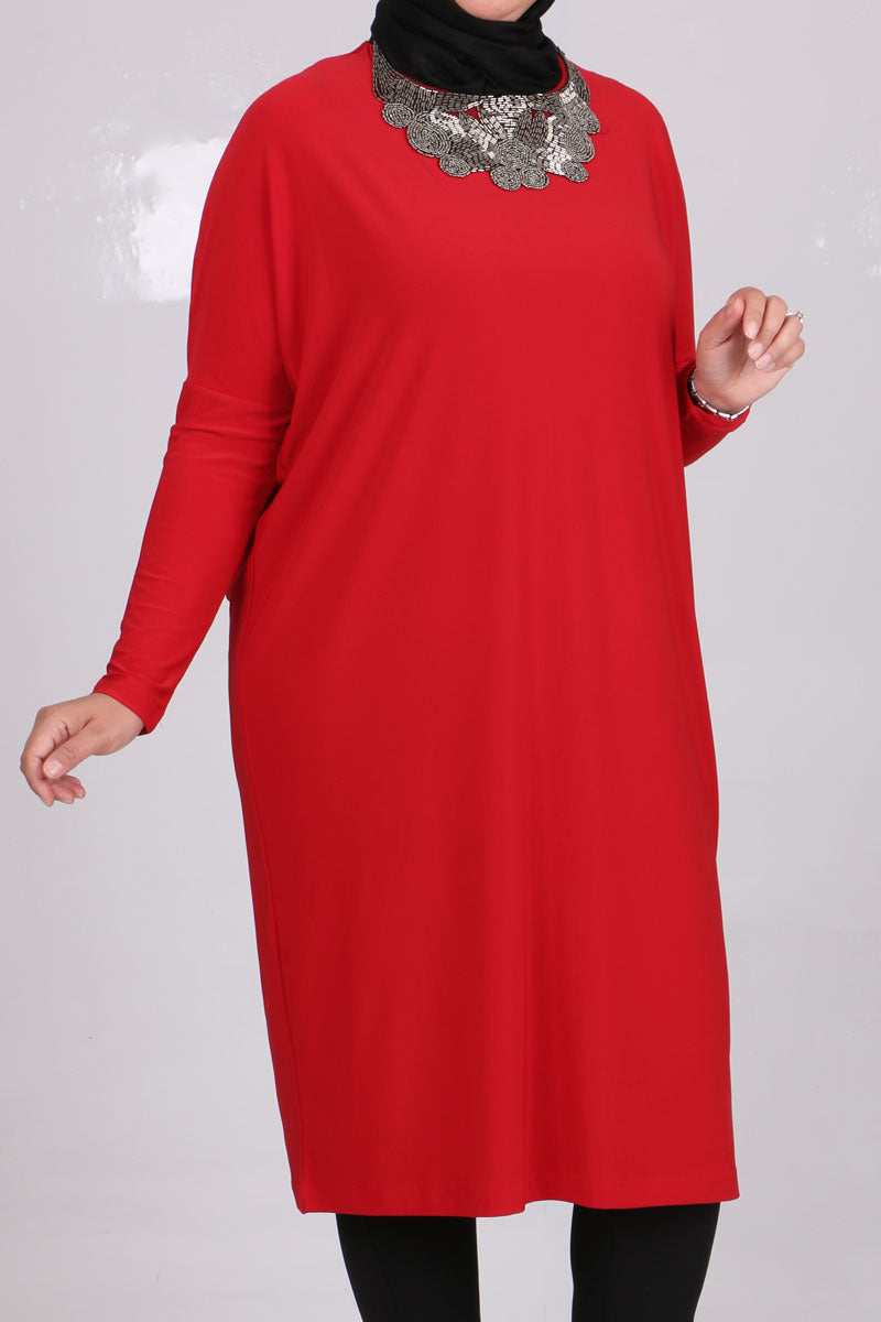 Women's Oversize Collar Detail Red Tunic