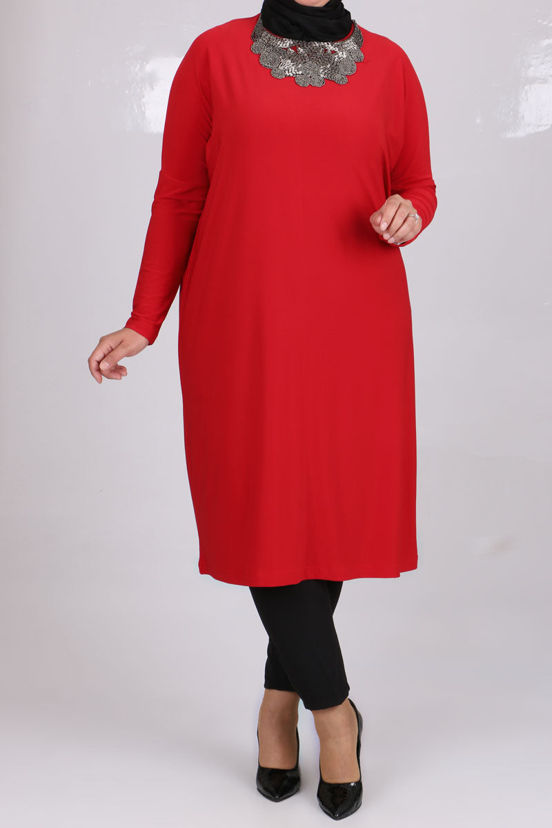 Women's Oversize Collar Detail Red Tunic