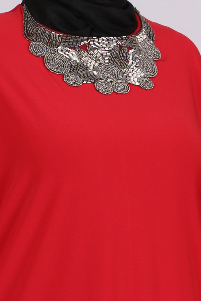 Women's Oversize Collar Detail Red Tunic