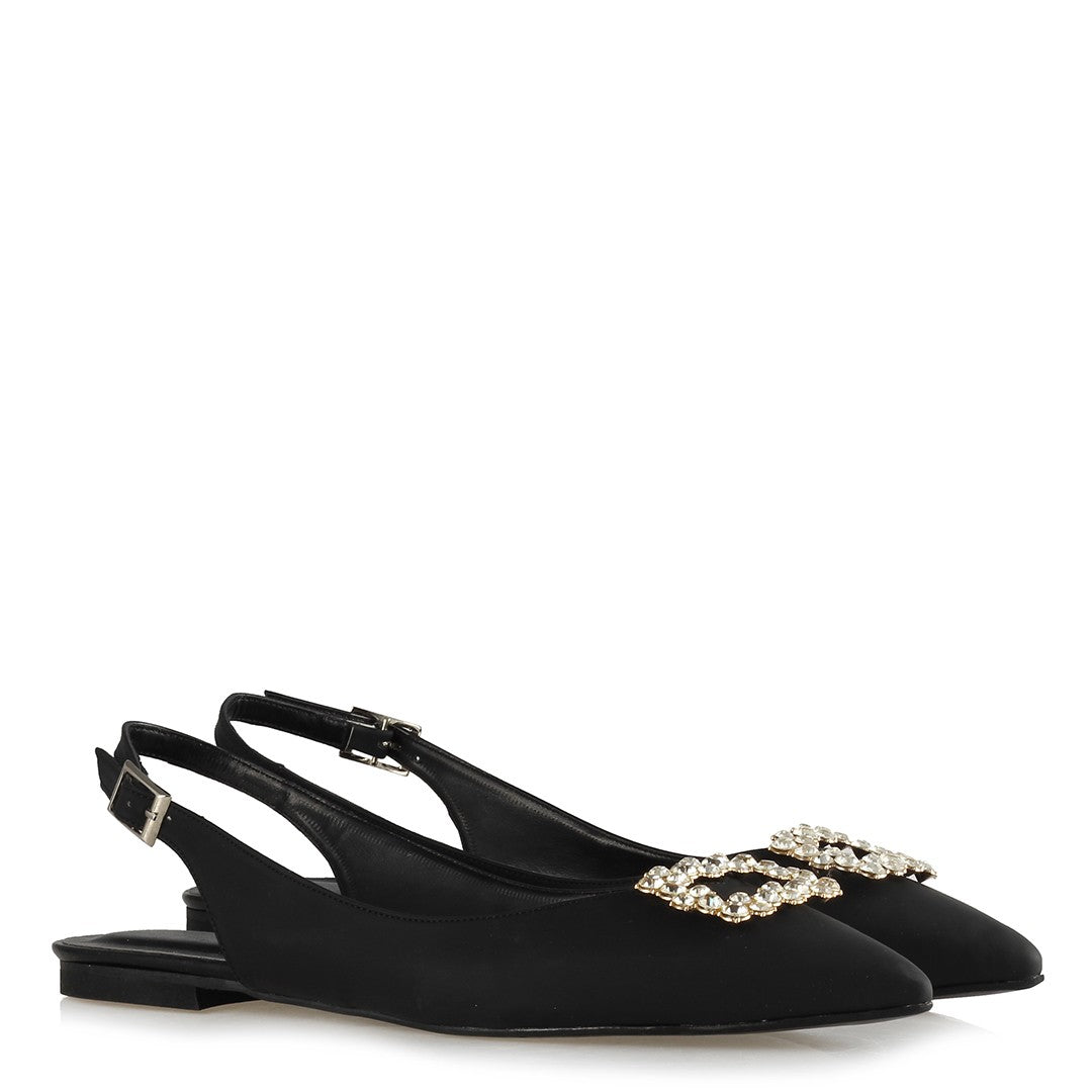 Women's White Gemmed Black Slingback Shoes