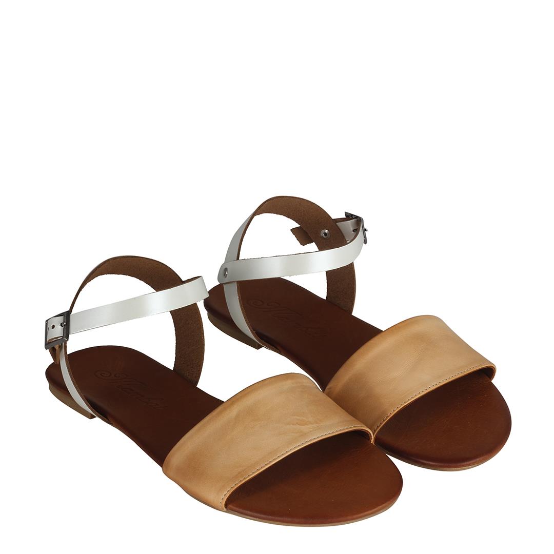 Women's Camel White Leather Sandals