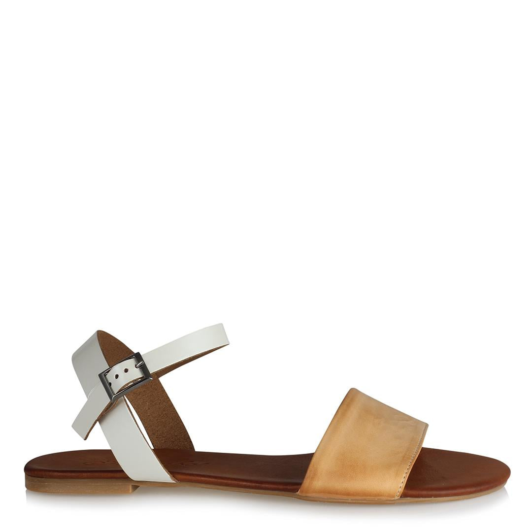 Women's Camel White Leather Sandals