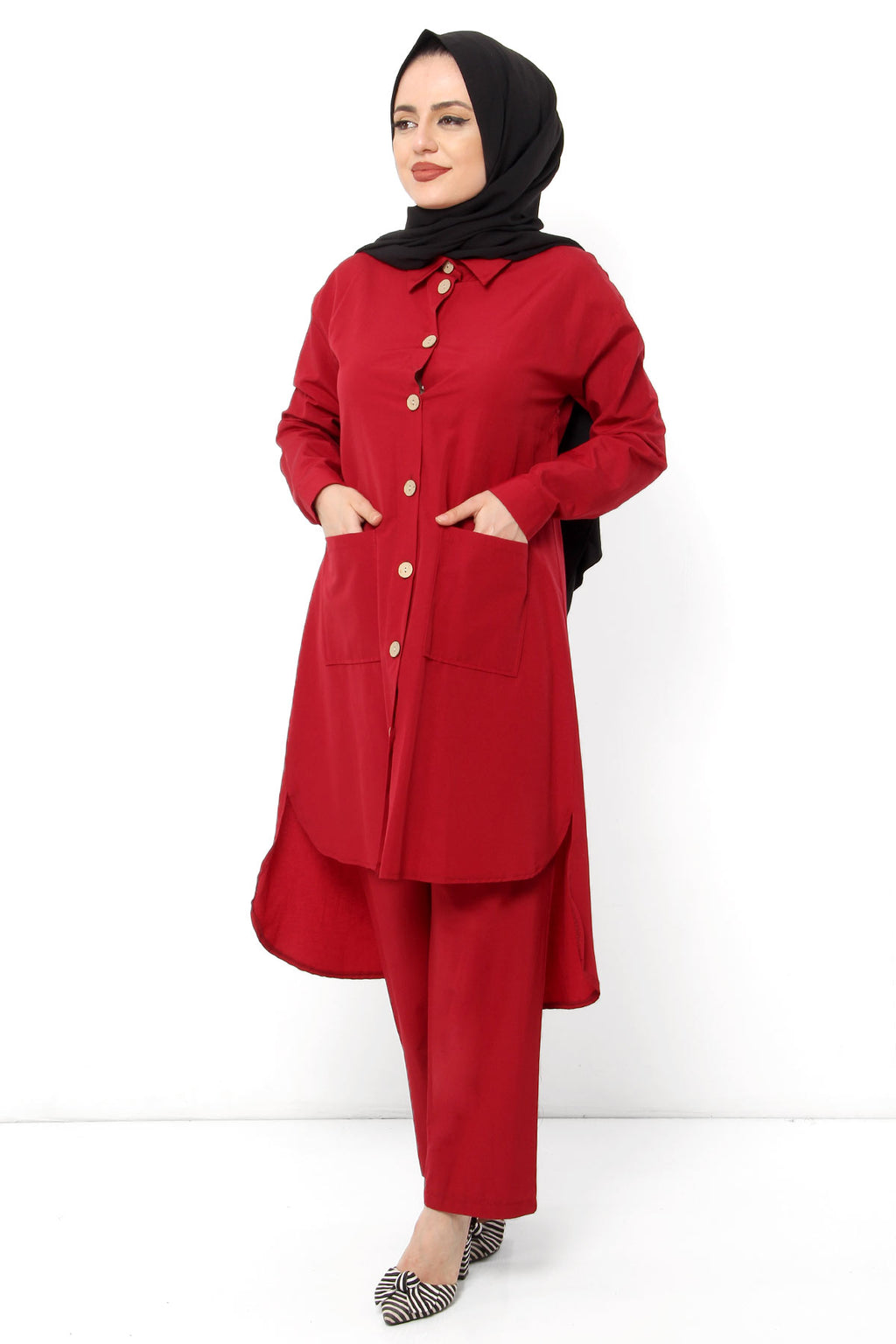 Women's Pocket Claret Red Modest Tunic & Pants Set