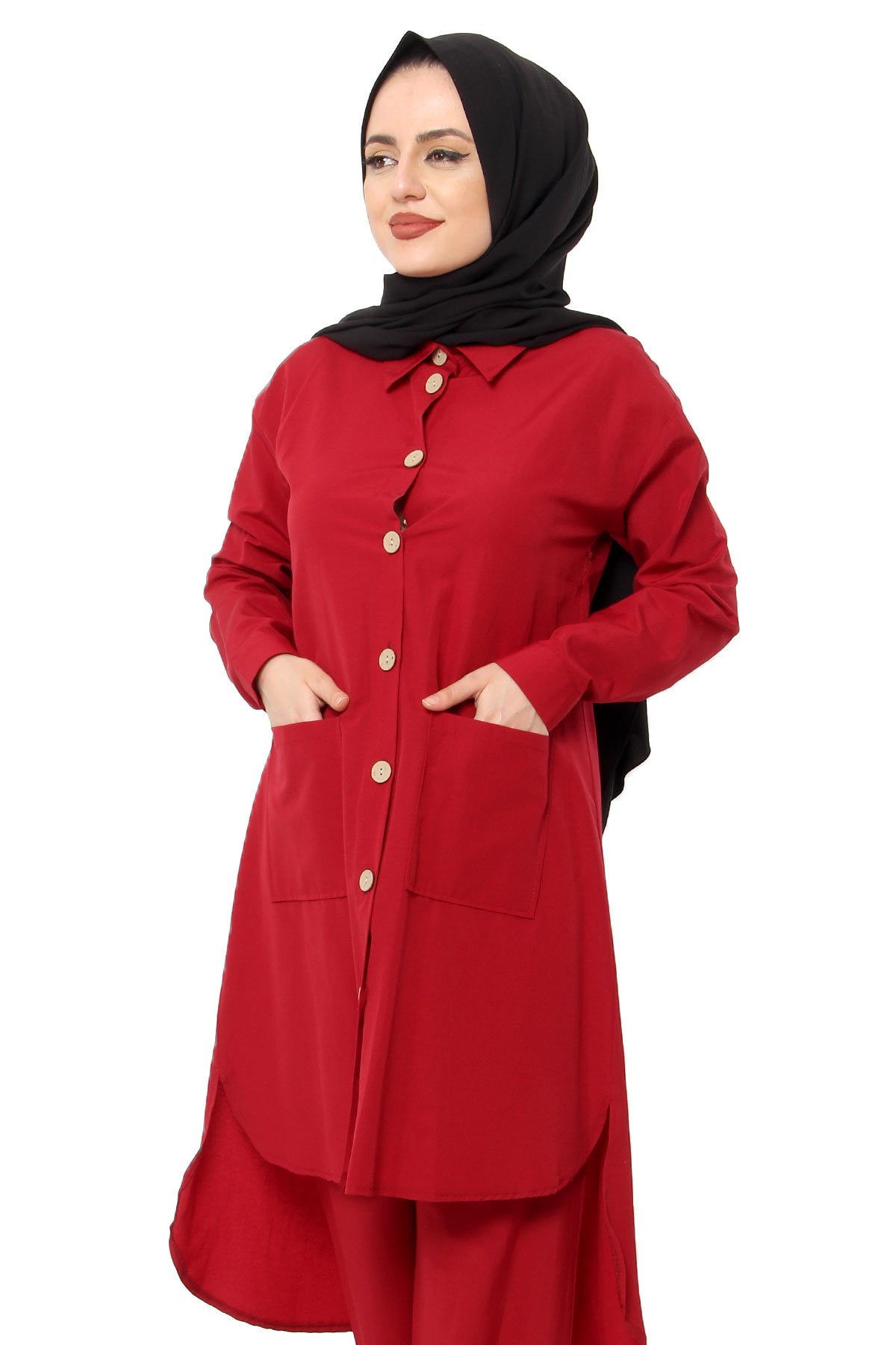 Women's Pocket Claret Red Modest Tunic & Pants Set
