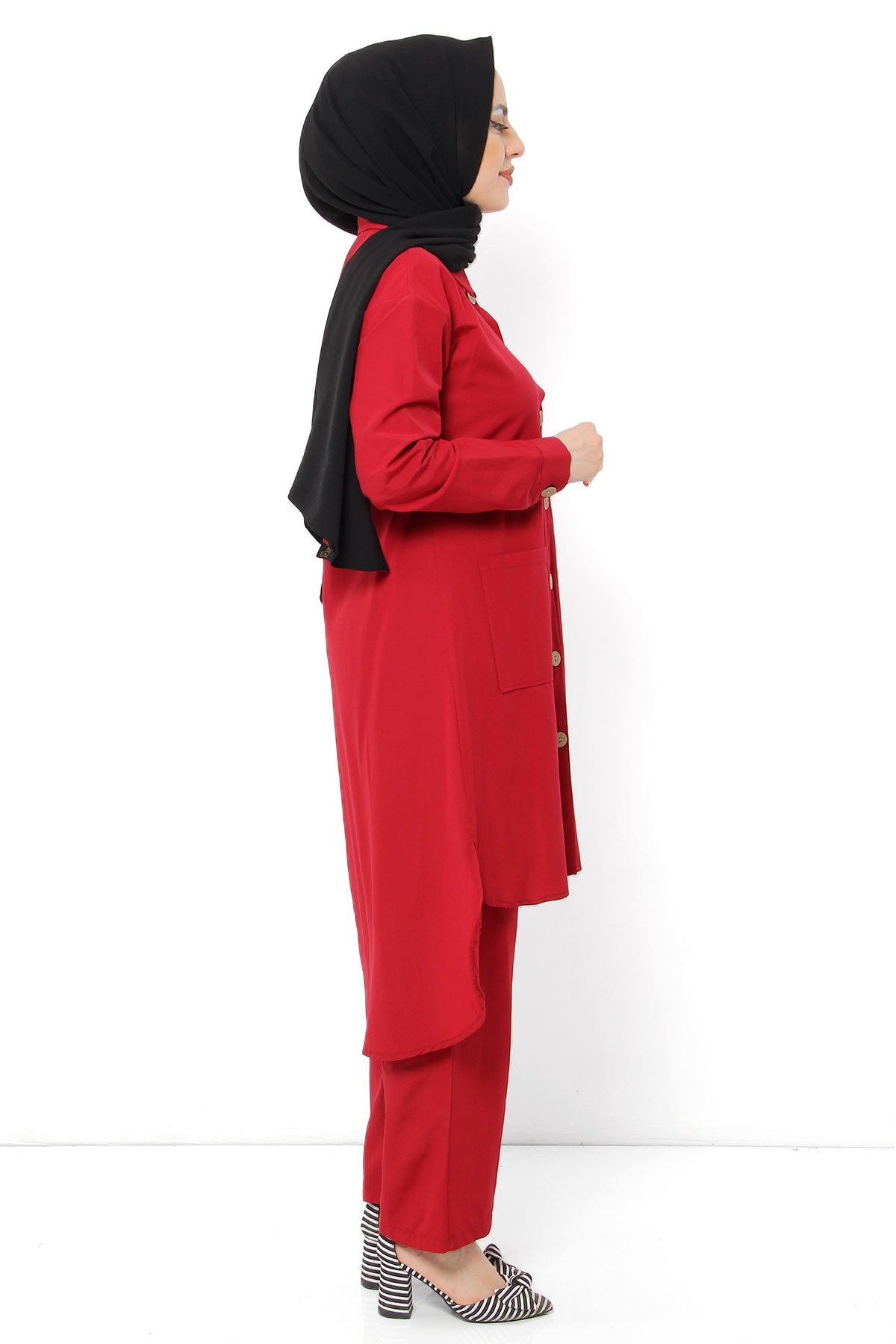 Women's Pocket Claret Red Modest Tunic & Pants Set