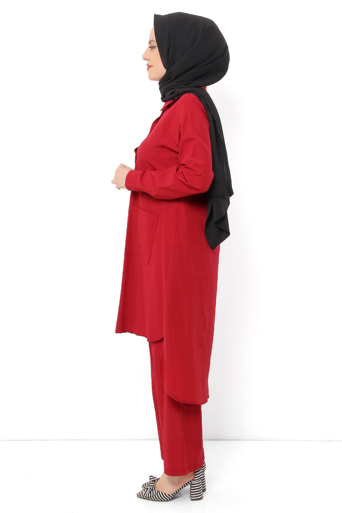 Women's Pocket Claret Red Modest Tunic & Pants Set