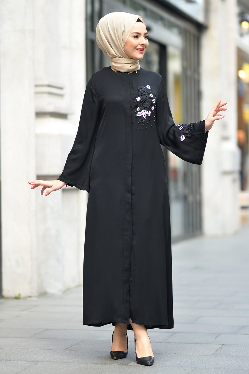 Women's Floral Guipure Detail Black Abaya