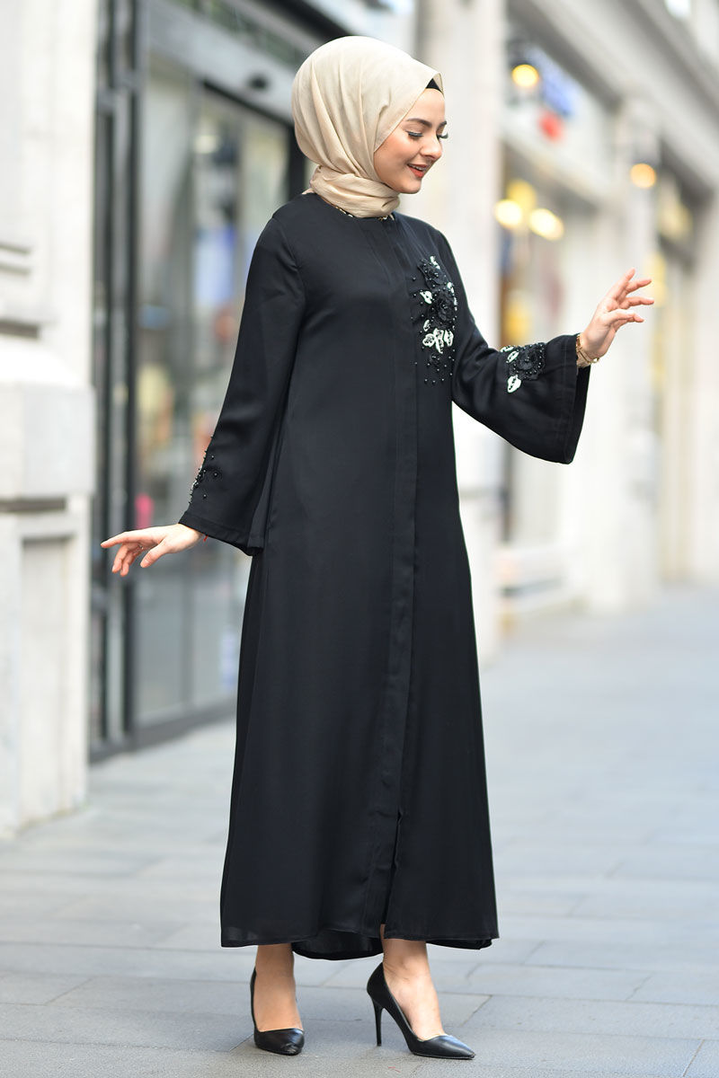 Women's Floral Guipure Detail Black Abaya