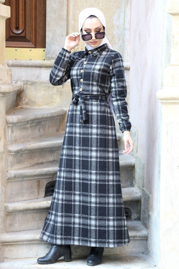 Women's Plaid Navy Blue Long Dress
