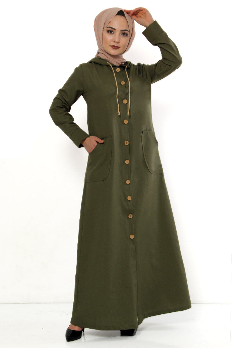 Women's Hooded Wooden Button Khaki Abaya