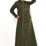 Women's Hooded Wooden Button Khaki Abaya