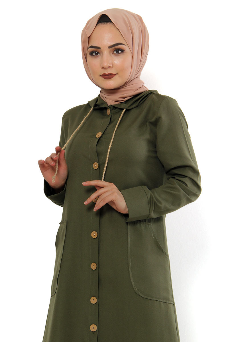 Women's Hooded Wooden Button Khaki Abaya