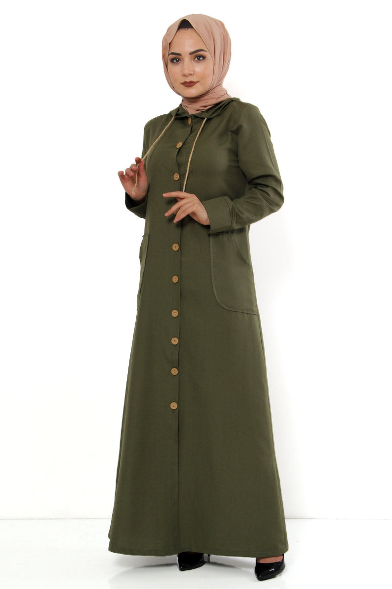 Women's Hooded Wooden Button Khaki Abaya