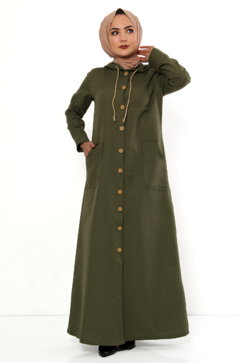 Women's Hooded Wooden Button Khaki Abaya