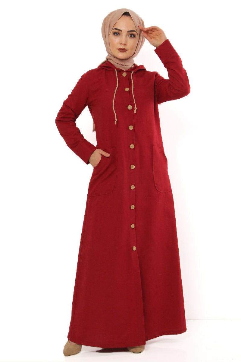 Women's Hooded Wooden Button Claret Red Abaya