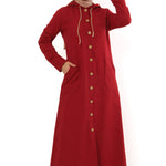 Women's Hooded Wooden Button Claret Red Abaya