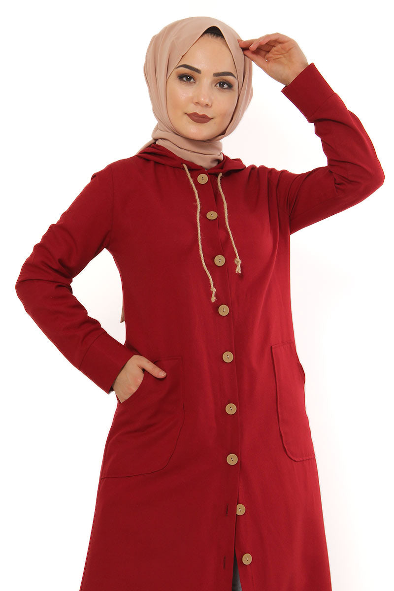 Women's Hooded Wooden Button Claret Red Abaya