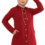 Women's Hooded Wooden Button Claret Red Abaya