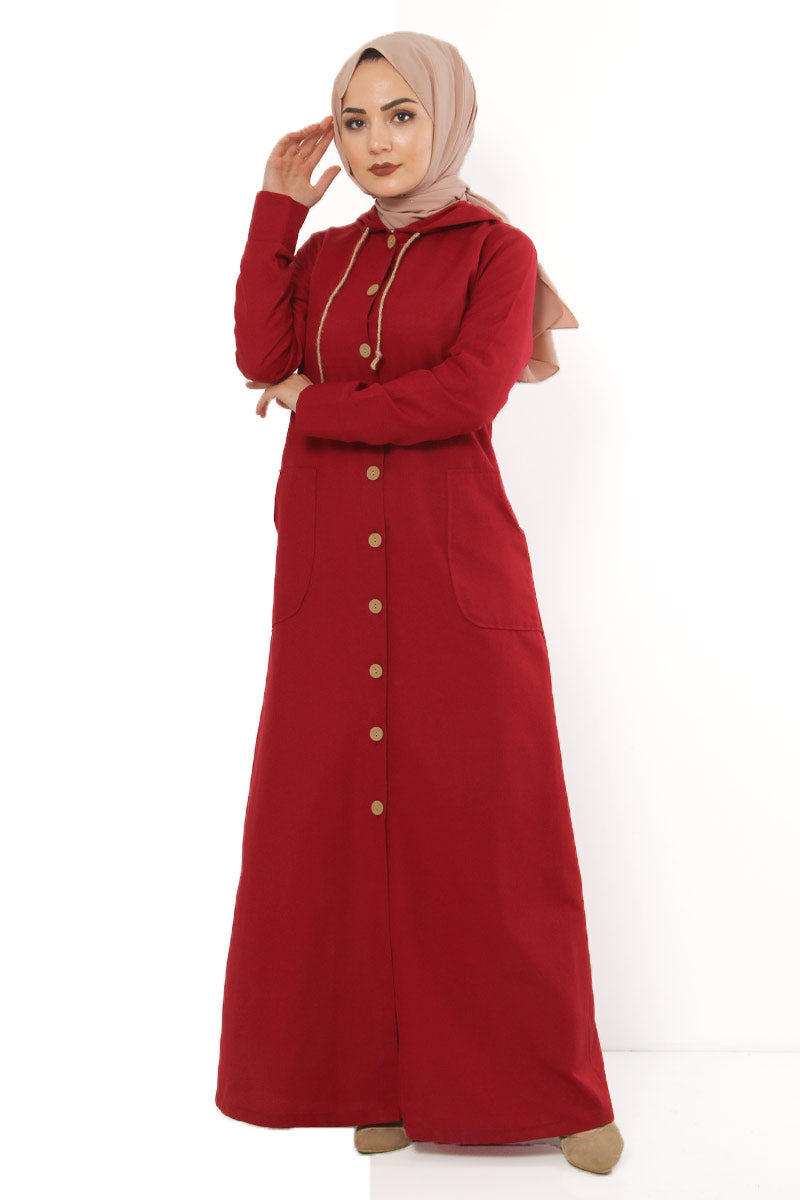 Women's Hooded Wooden Button Claret Red Abaya