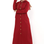 Women's Hooded Wooden Button Claret Red Abaya