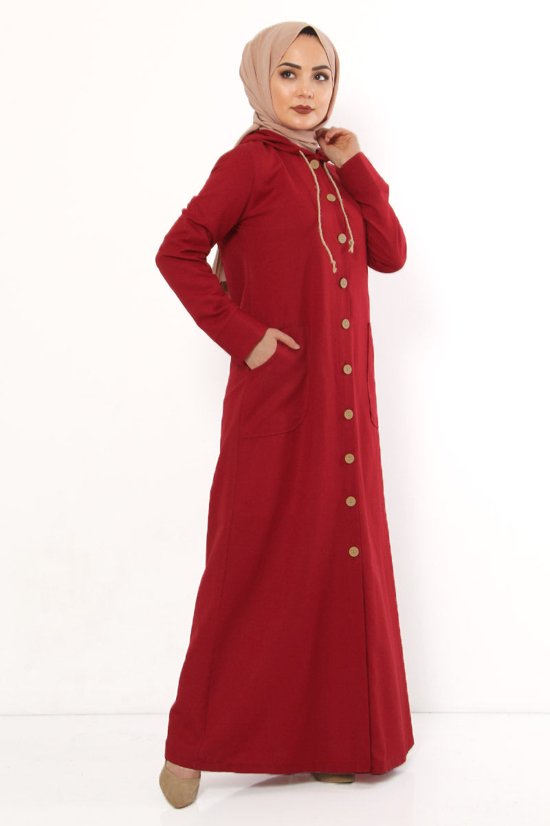Women's Hooded Wooden Button Claret Red Abaya