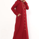 Women's Hooded Wooden Button Claret Red Abaya