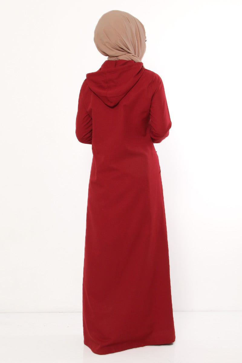 Women's Hooded Wooden Button Claret Red Abaya