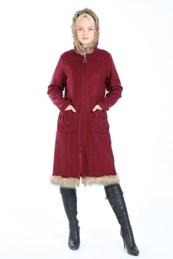 Women's Fur Detail Claret Red Cachet Jacket