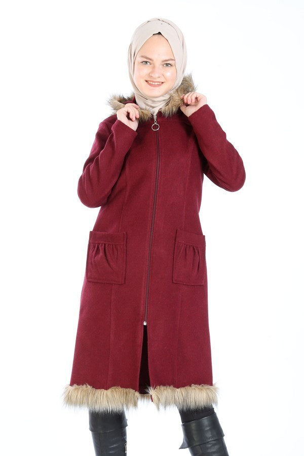 Women's Fur Detail Claret Red Cachet Jacket